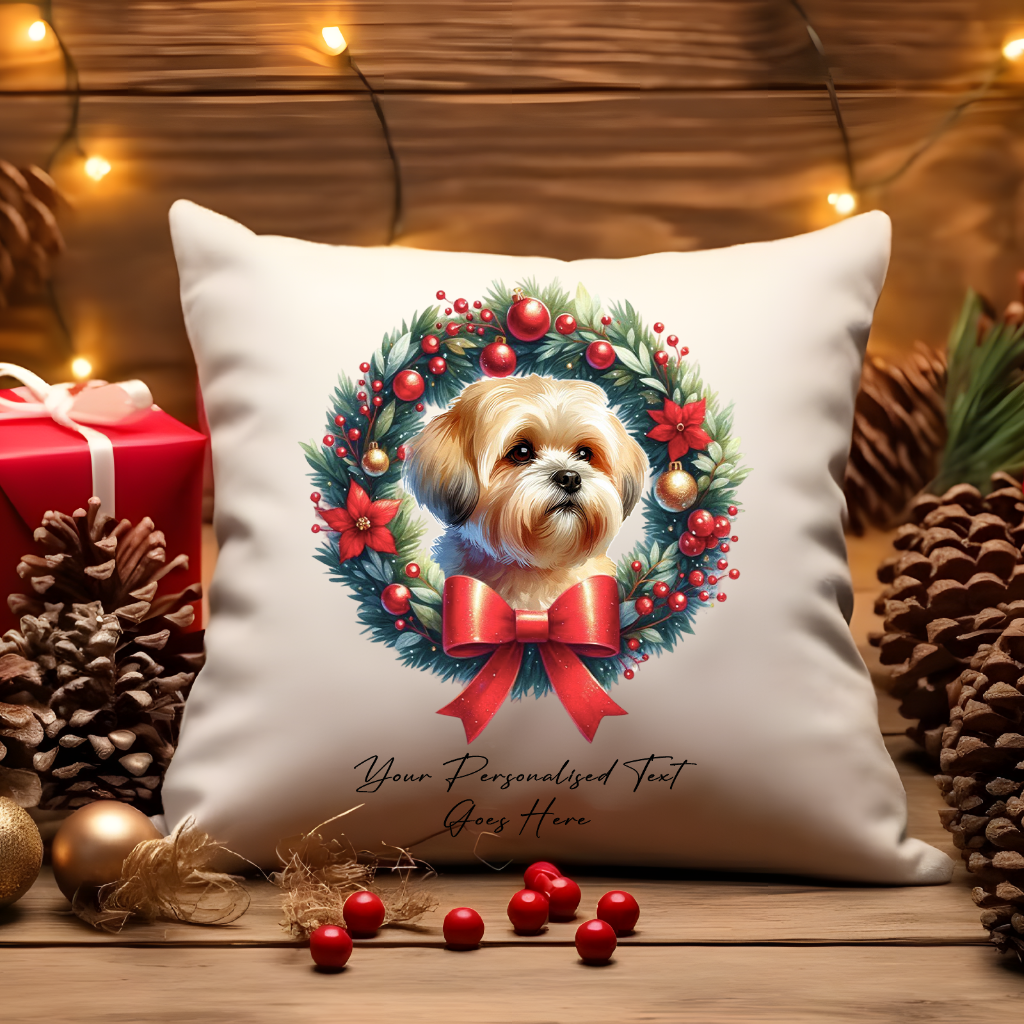 Personalised Shorthaired Lhasa Apso in a Christmas wreath - Keepsake Gift cushion, by Floppsie Moppsie – floppsiemoppsie at floppsiemoppsie.co.uk