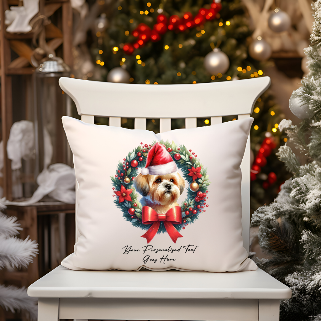 Personalised Shorthaired Lhasa Apso with Santa Hat in a Christmas wreath - Keepsake Gift cushion, by Floppsie Moppsie – floppsiemoppsie at floppsiemoppsie.co.uk