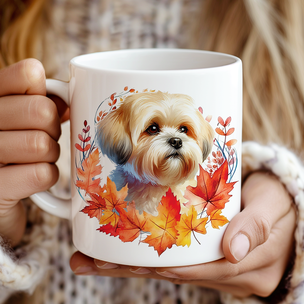 Personalised Shorthaired Lhasa Apso in an Autumn wreath - Keepsake Mug, ideal gift for Birthday and Christmas Gift, by Floppsie Moppsie – floppsiemoppsie at floppsiemoppsie.co.uk