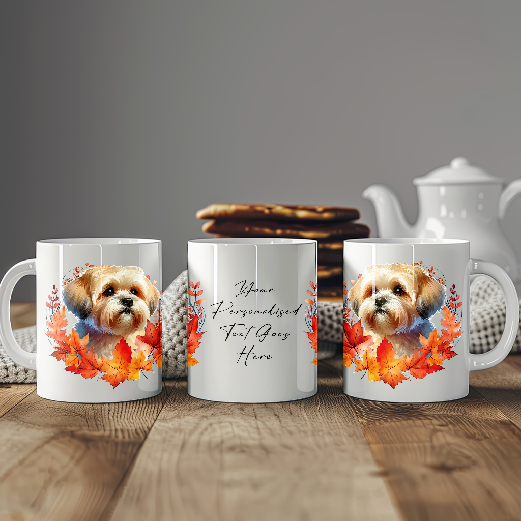 Personalised Shorthaired Lhasa Apso in an Autumn wreath - Keepsake Mug, ideal gift for Birthday and Christmas Gift, by Floppsie Moppsie – floppsiemoppsie at floppsiemoppsie.co.uk