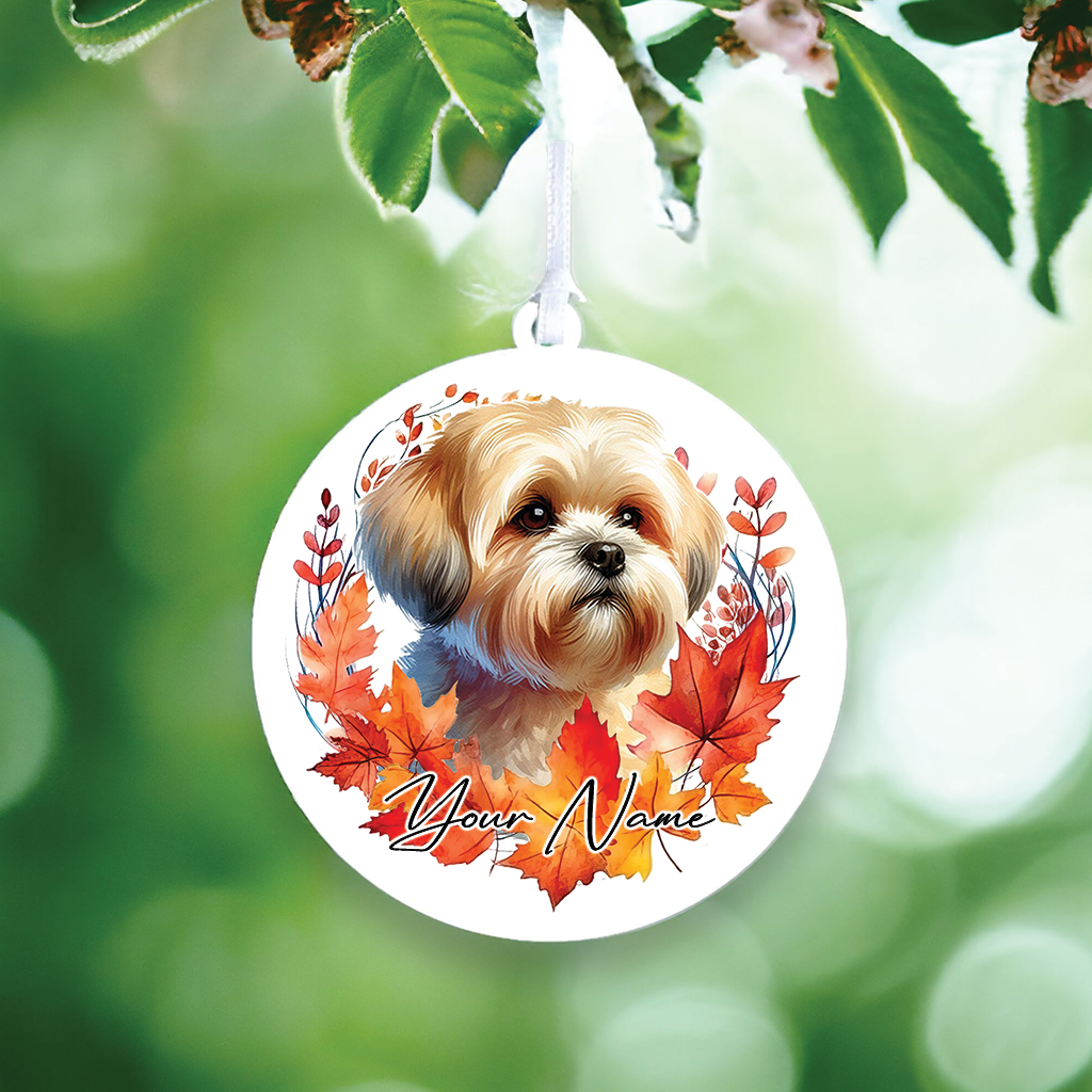 Personalised Dog Shorthaired Lhasa Apso in an autumn wreath - Keepsake Gift Hanging Decoration, by Floppsie Moppsie – floppsiemoppsie at floppsiemoppsie.co.uk