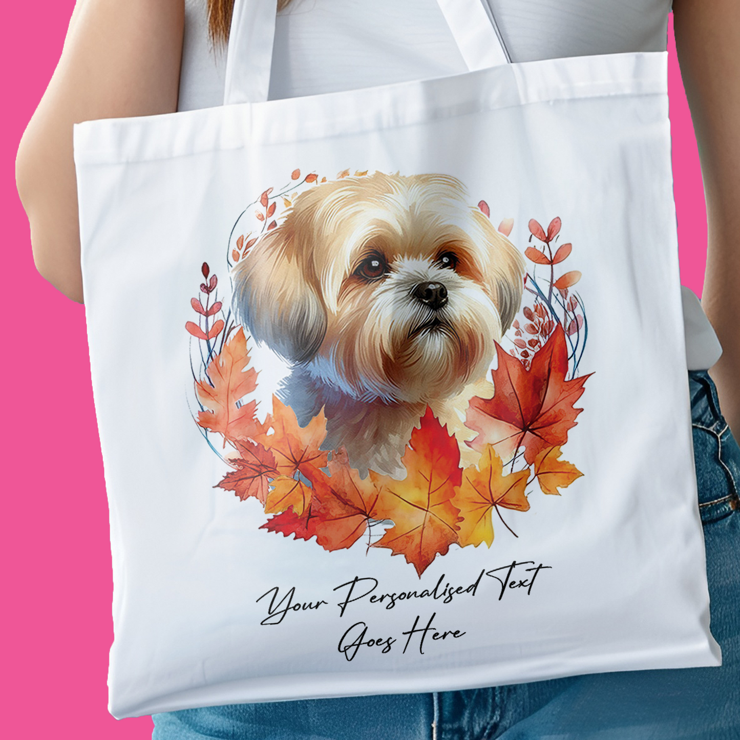 Personalised Dog Autumn Wreath Shorthaired Lhasa Apso Tote Bag