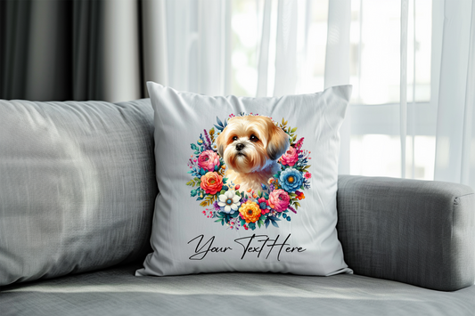 Personalised Floral Summer Pet Dog Wreath with Shorthaired Lhasa Apso - Keepsake Gift Cushion, by Floppsie Moppsie – floppsiemoppsie at floppsiemoppsie.co.uk