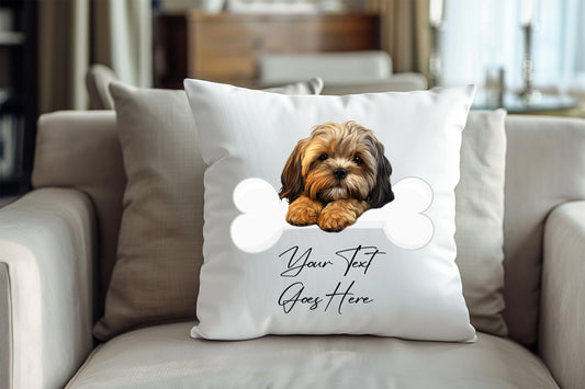 Personalised Lhasa Apso sleeping on a bone Pet Dog Keepsake Gift Cushion, by Floppsie Moppsie – floppsiemoppsie at floppsiemoppsie.co.uk