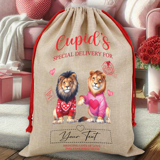 Personalised Animal Couple Love Heart Valentine Anniversary Gift Sack - Lion Couple