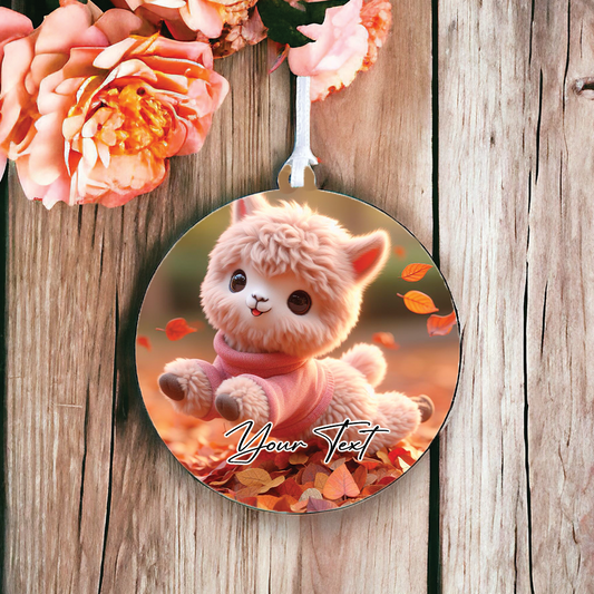 Cute Personalised Llama playing in the autumn leaves - Keepsake Gift Hanging Decoration, by Floppsie Moppsie – floppsiemoppsie at floppsiemoppsie.co.uk