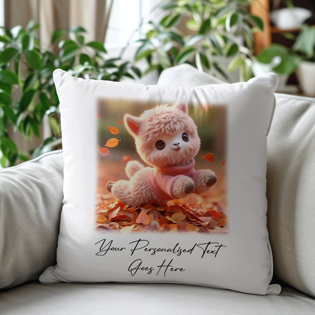 Personalised Cute Llama Playing in Autumn Leaves - Keepsake Gift Cushion, by Floppsie Moppsie – floppsiemoppsie at floppsiemoppsie.co.uk