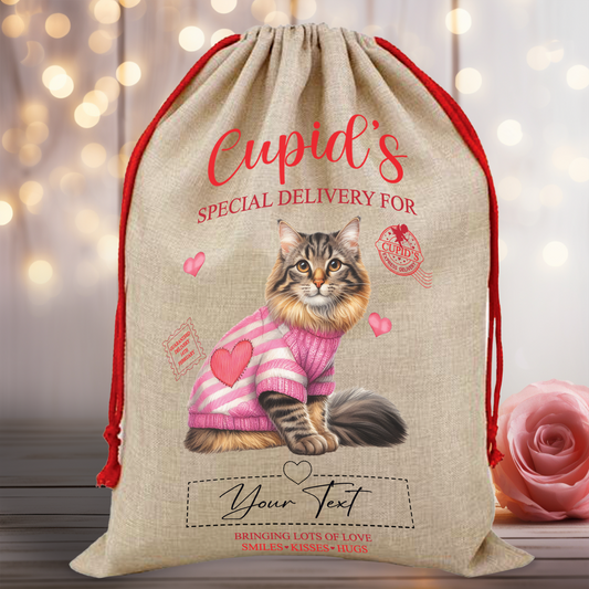 Personalised Cat Love Heart Valentine Anniversary Gift Sack - Longhaired Tabby