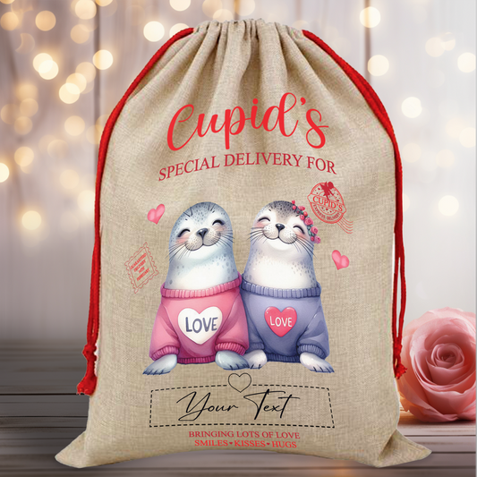 Personalised Animal Couple Love Heart Valentine Anniversary Gift Sack - Seal Couple