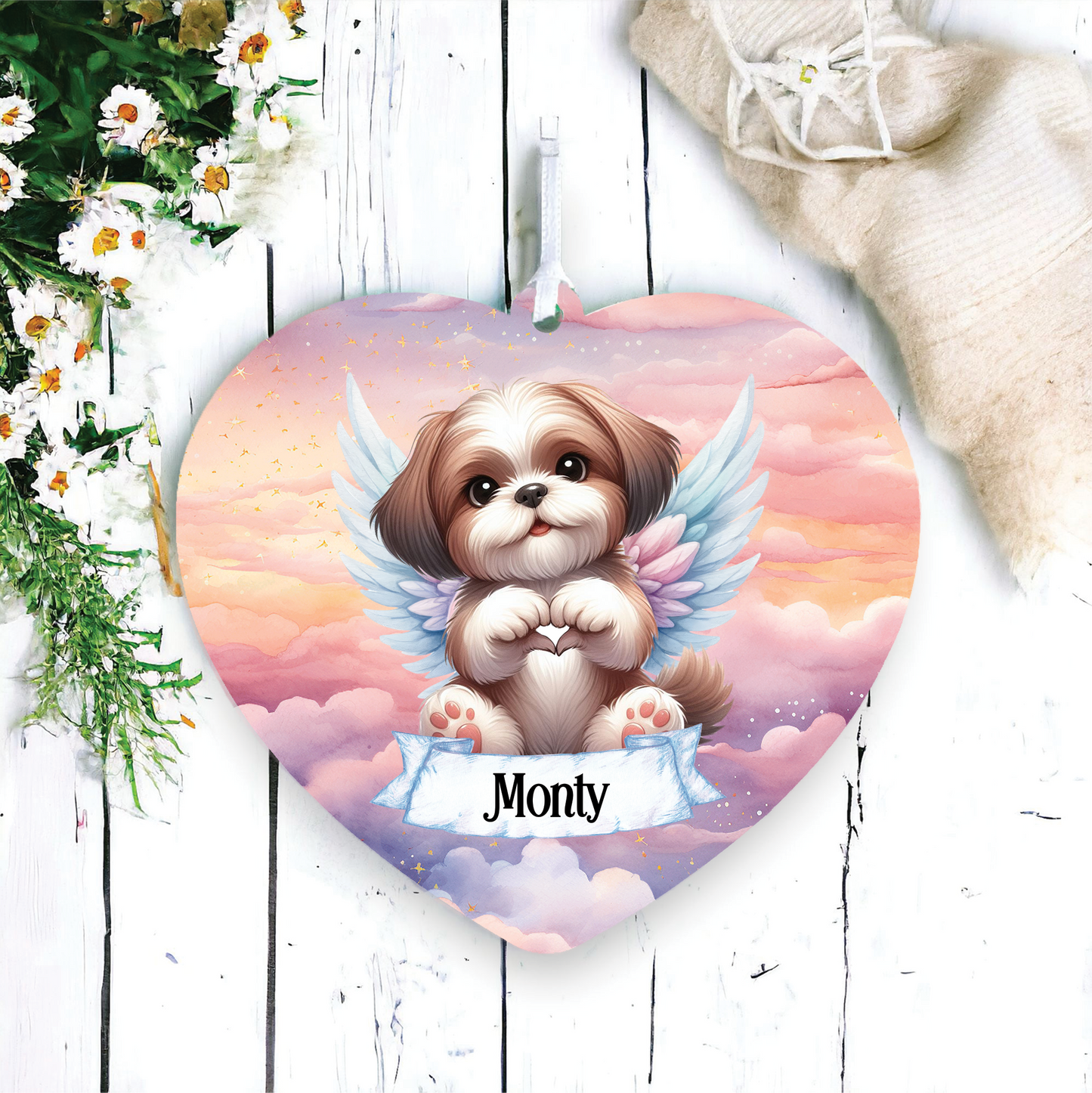 Personalised Shih Tzu Dog Heart Hand Wings Memorial Decoration