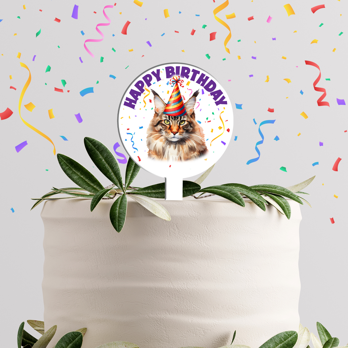 Personalised Cat Party Hat Cake Topper - Maine Coon