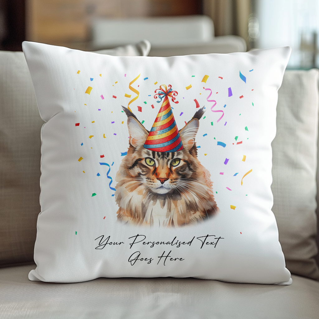 Personalised Maine Coon Birthday Party Hat Cat - Cushion Cover Gift