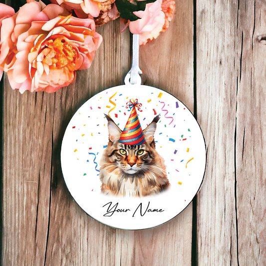 Personalised Maine Coon Cat Birthday Party Hat - Hanging Bauble Decoration