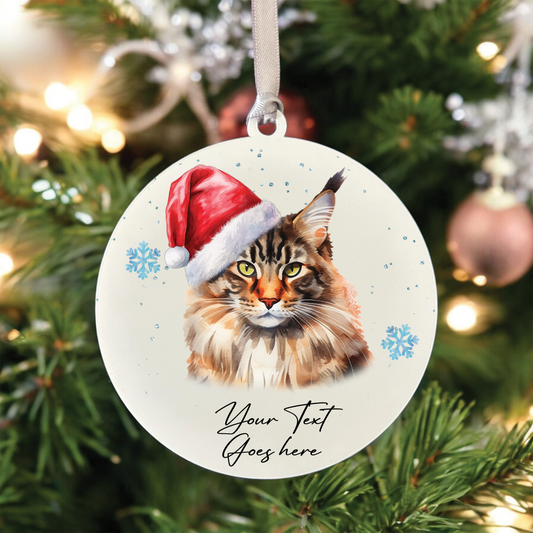 Personalised Christmas Maine Coon in Santa Hat - Hanging Cat Bauble Decoration