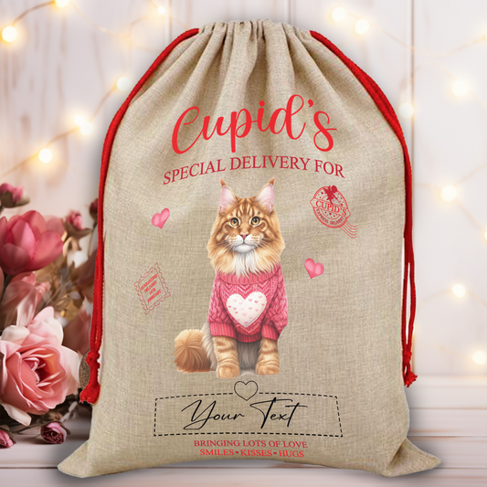 Personalised Cat Love Heart Valentine Anniversary Gift Sack - Maine Coon