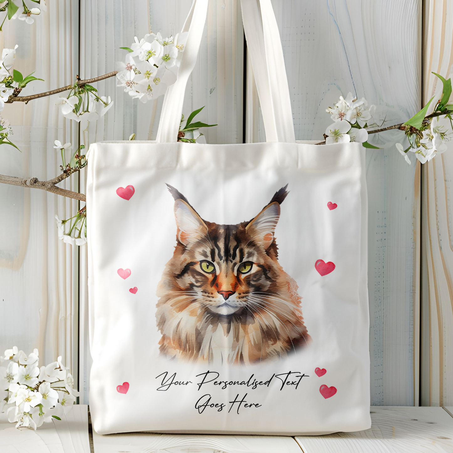 Personalised Cat Love Hearts Maine Coon Tote Bag