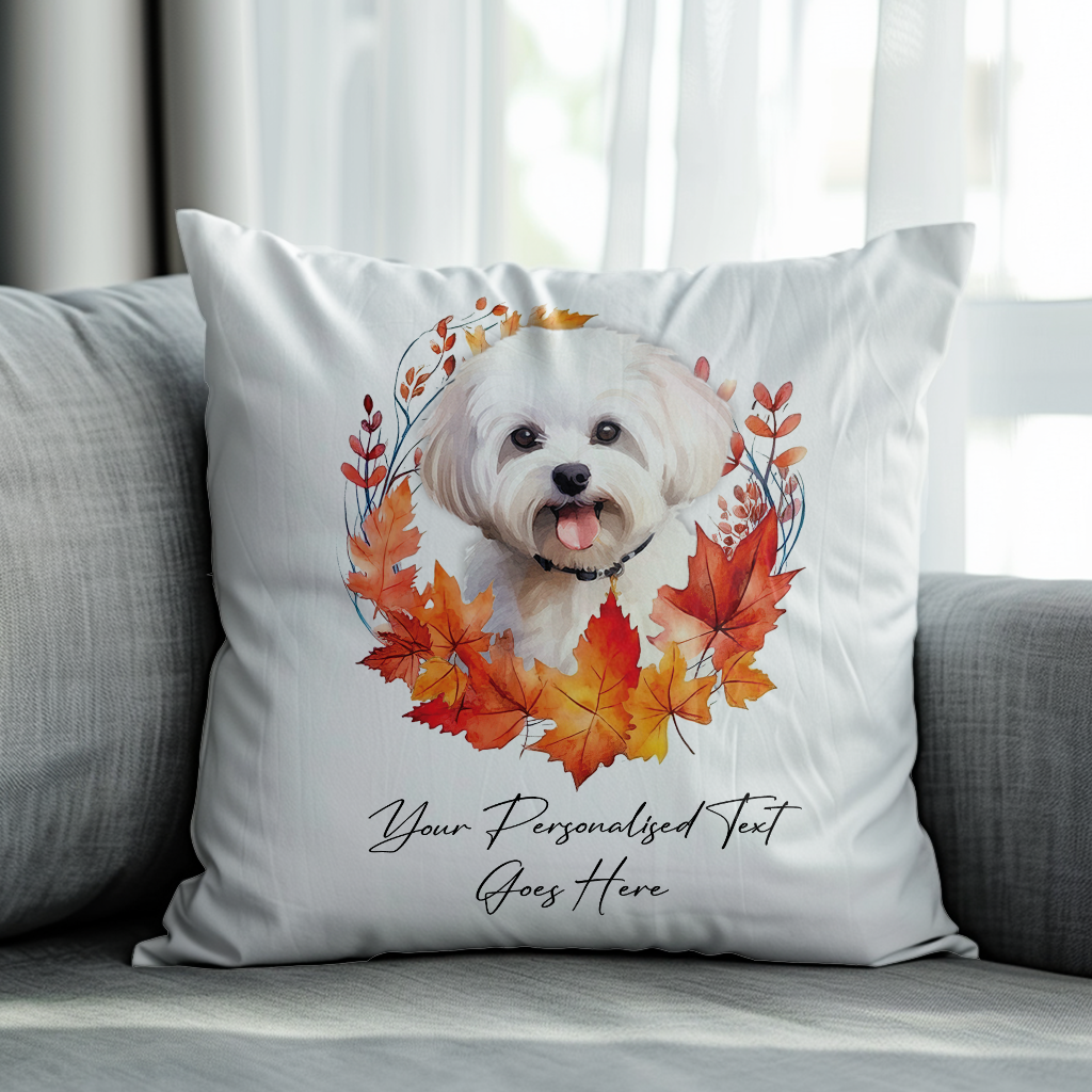 Personalised Maltese in an Autumn wreath - Keepsake Gift cushion, by Floppsie Moppsie – floppsiemoppsie at floppsiemoppsie.co.uk