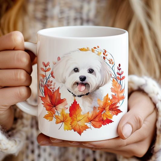 Personalised Maltese in an Autumn wreath - Keepsake Mug, ideal gift for Birthday and Christmas Gift, by Floppsie Moppsie – floppsiemoppsie at floppsiemoppsie.co.uk