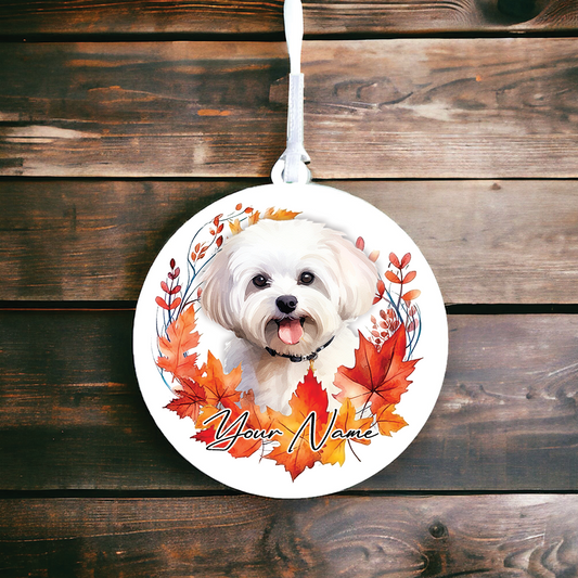 Personalised Dog Maltese in an autumn wreath - Keepsake Gift Hanging Decoration, by Floppsie Moppsie – floppsiemoppsie at floppsiemoppsie.co.uk