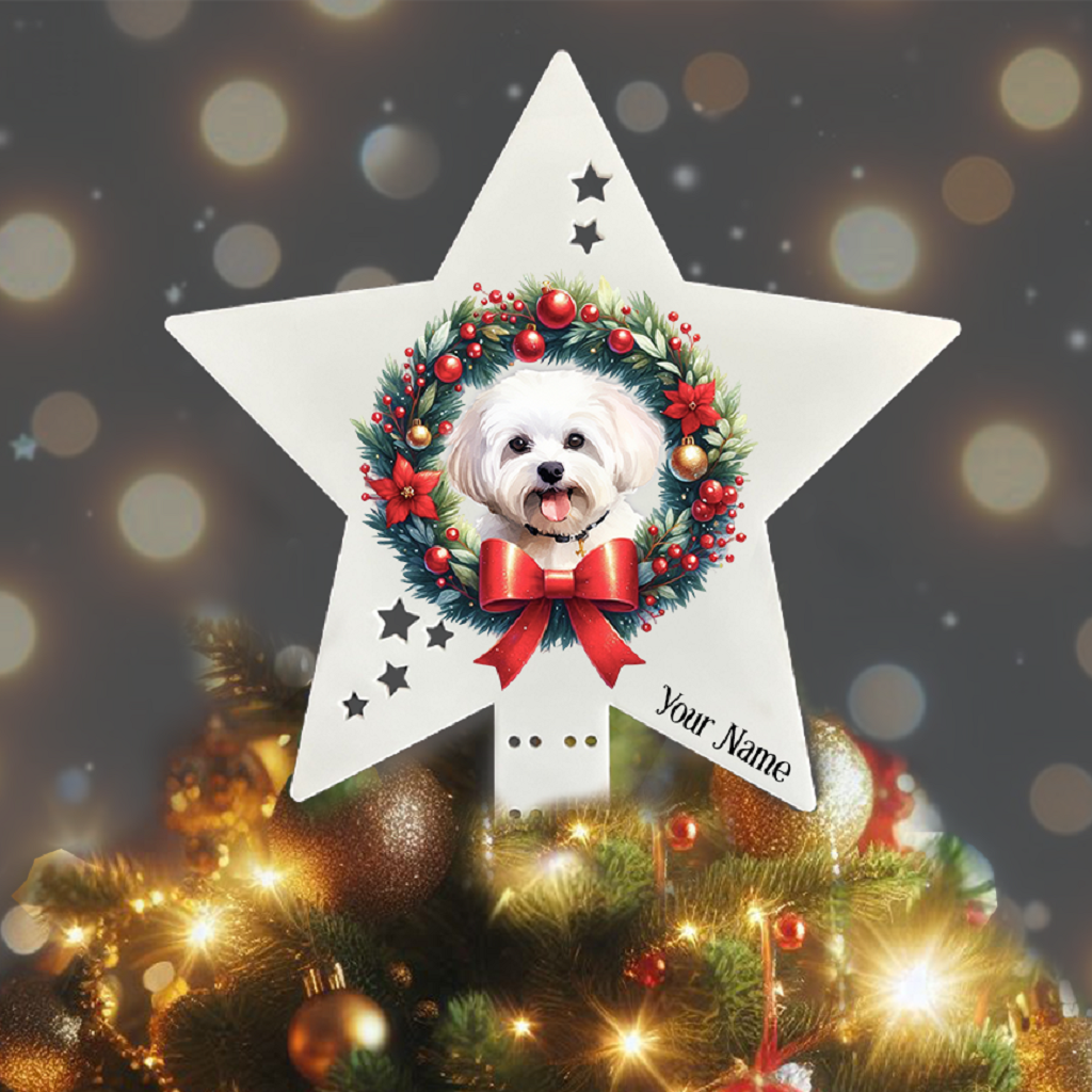 Personalised Pet Dog Maltese wreath Christmas Tree Topper - Keepsake Gift, by Floppsie Moppsie – floppsiemoppsie at floppsiemoppsie.co.uk