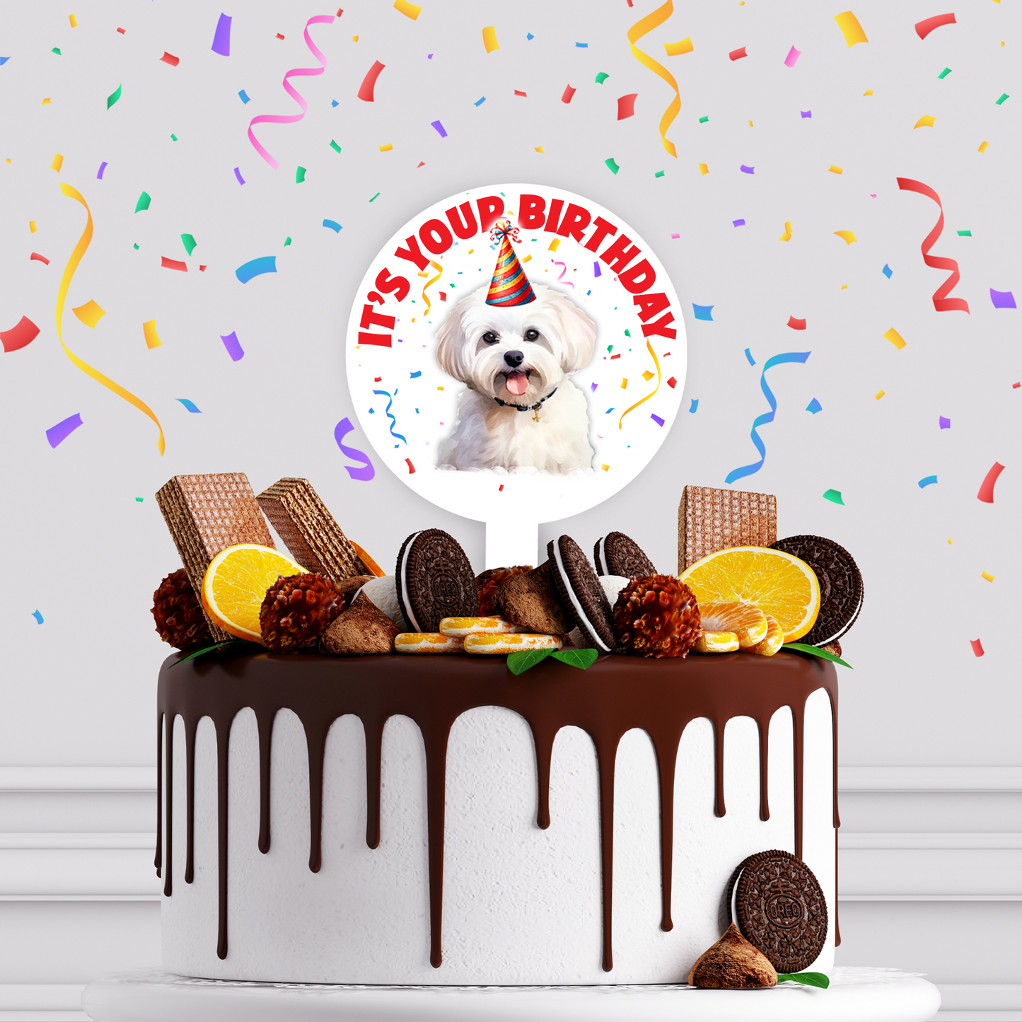 Personalised Dog Party Hat Cake Topper - Maltese