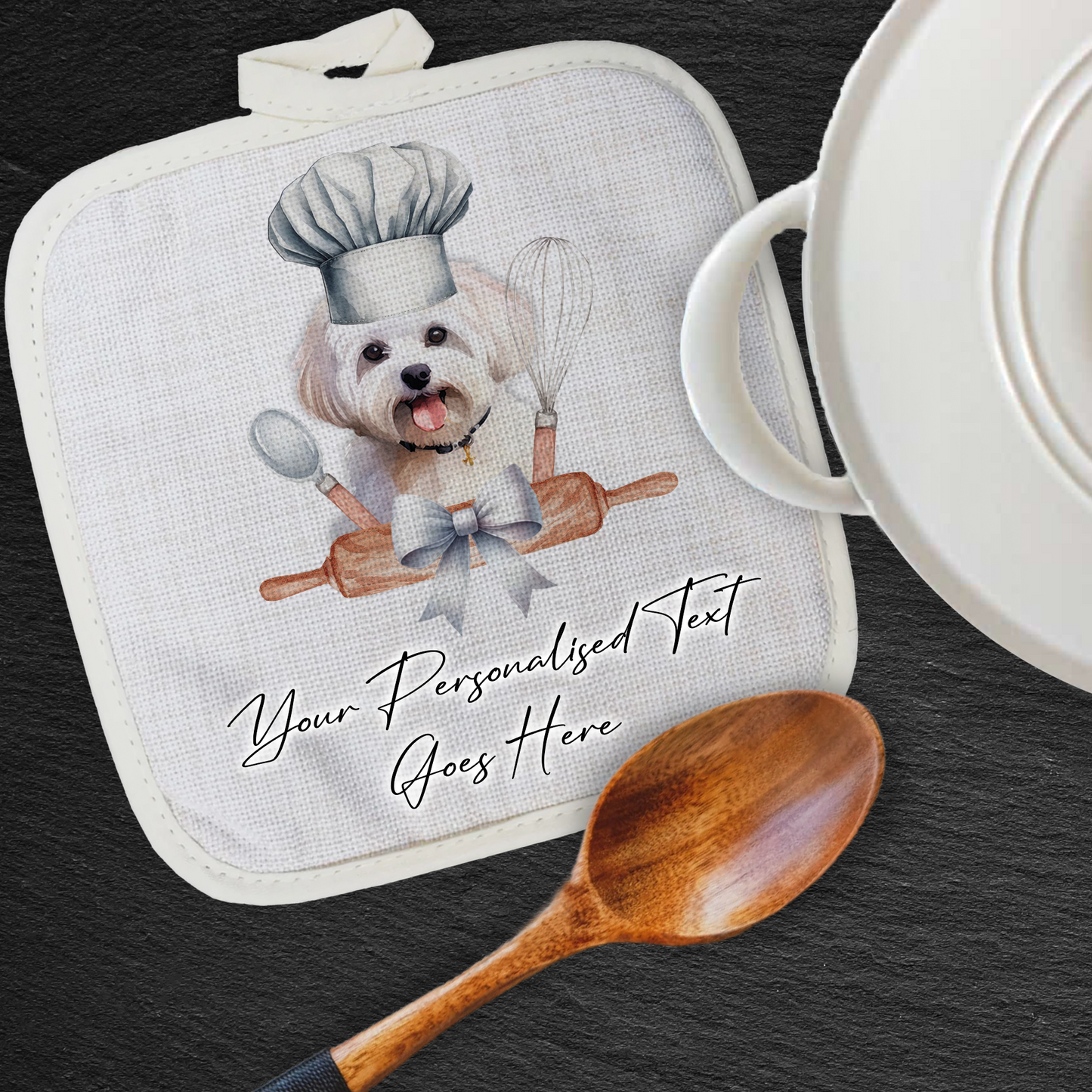 Personalised Dog In Chef Hat Gift Pot Holder / Grab - Maltese