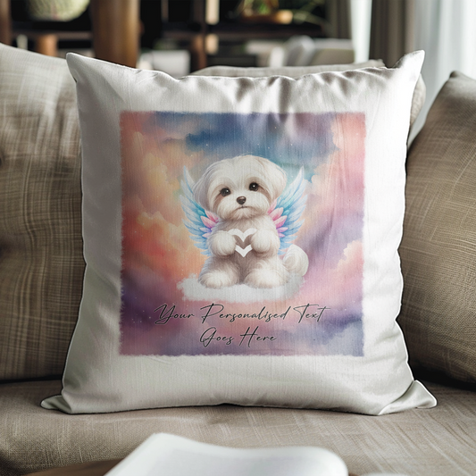 Personalised Dog Memorial Mug of Maltese with wings in clouds making a heart sign - Keepsake Gift Cushion, by Floppsie Moppsie – floppsiemoppsie at floppsiemoppsie.co.uk