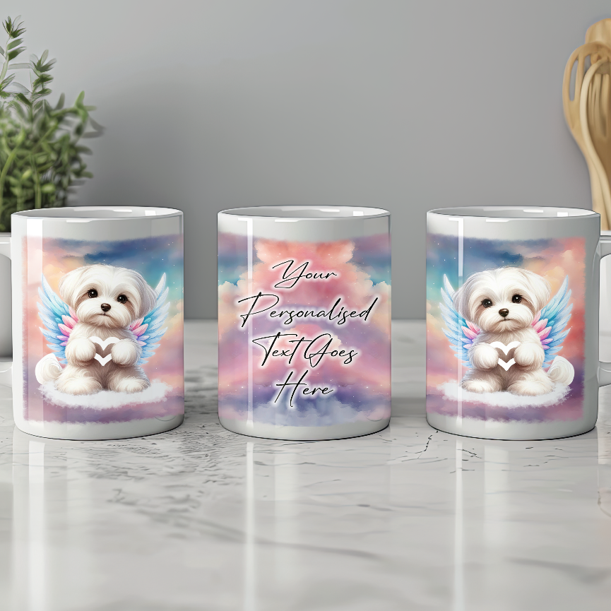 Personalised Dog Memorial Mug of Maltese with wings in clouds making a heart sign - Keepsake Gift Mug, by Floppsie Moppsie – floppsiemoppsie at floppsiemoppsie.co.uk