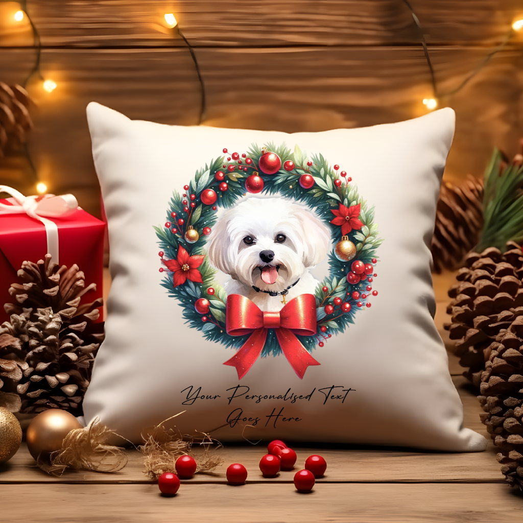 Personalised Maltese in a Christmas wreath - Keepsake Gift cushion, by Floppsie Moppsie – floppsiemoppsie at floppsiemoppsie.co.uk