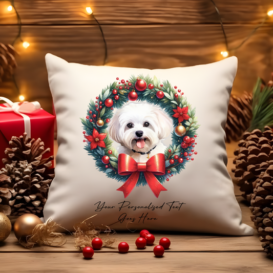 Personalised Maltese in a Christmas wreath - Keepsake Gift cushion, by Floppsie Moppsie – floppsiemoppsie at floppsiemoppsie.co.uk