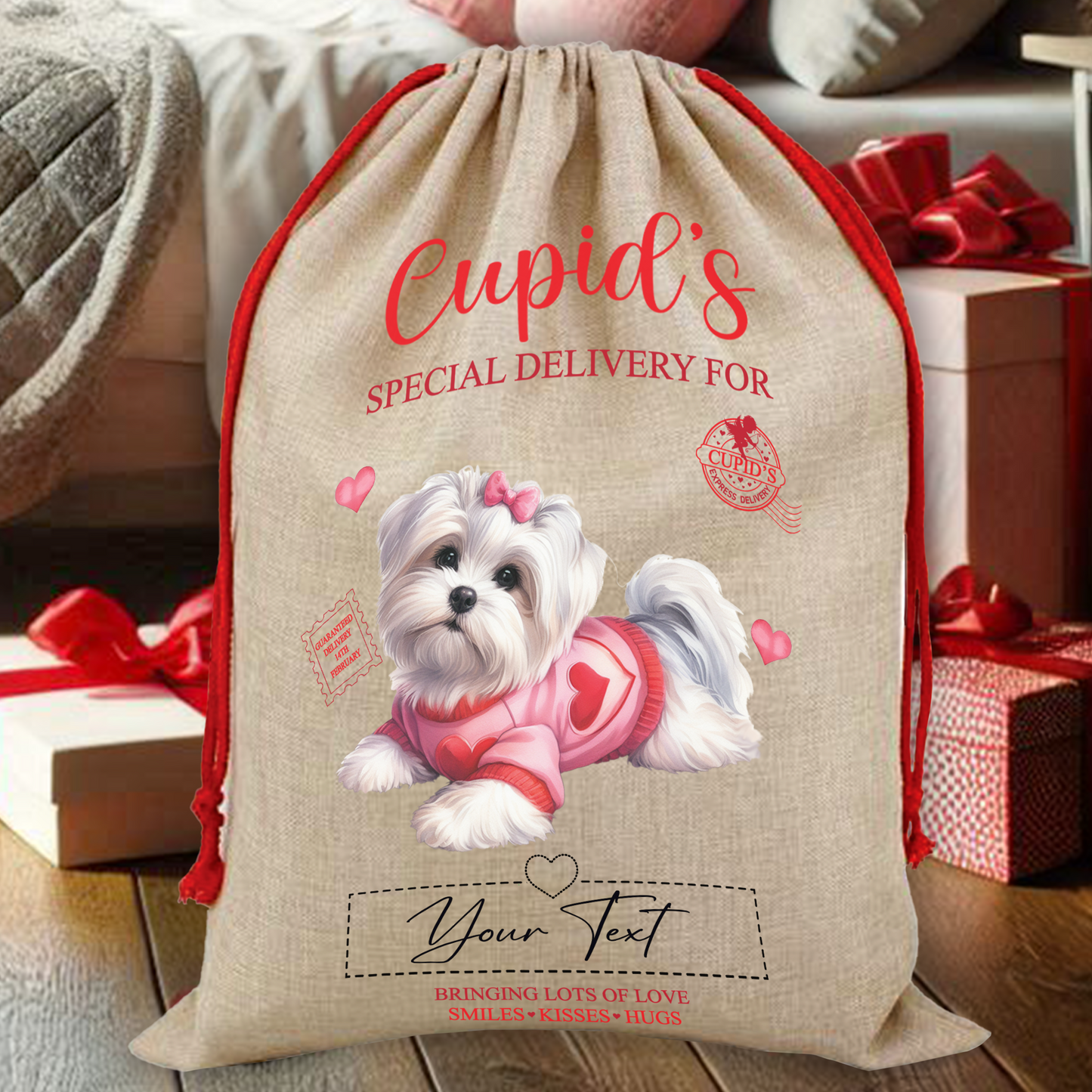 Personalised Dog Love Heart Valentine Anniversary Gift Sack - Maltese