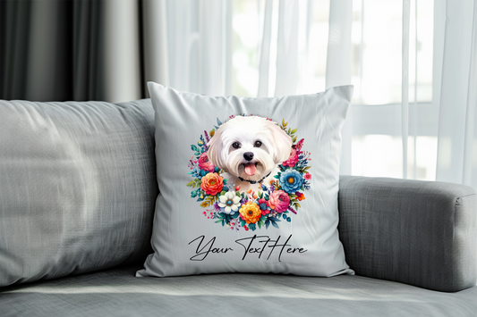 Personalised Floral Summer Pet Dog Wreath with Maltese - Keepsake Gift Cushion, by Floppsie Moppsie – floppsiemoppsie at floppsiemoppsie.co.uk