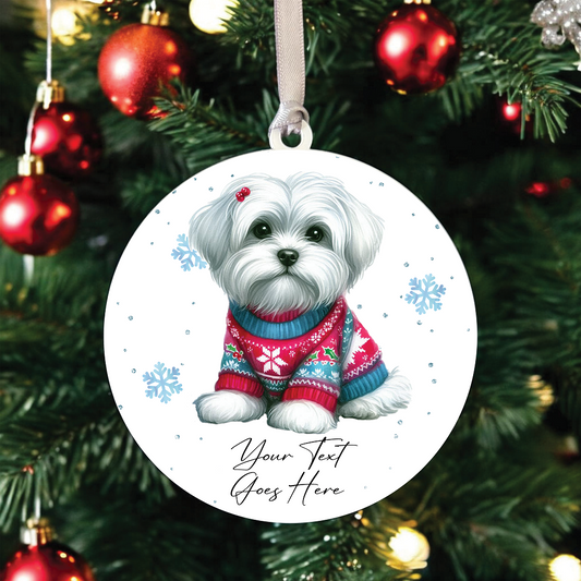 A Personalised Maltese Jumper Dog Hanging Bauble Decoration