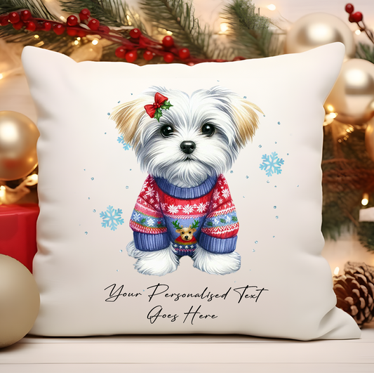 Personalised Maltese Dog Christmas Jumper Cushion Cover Gift - Style C