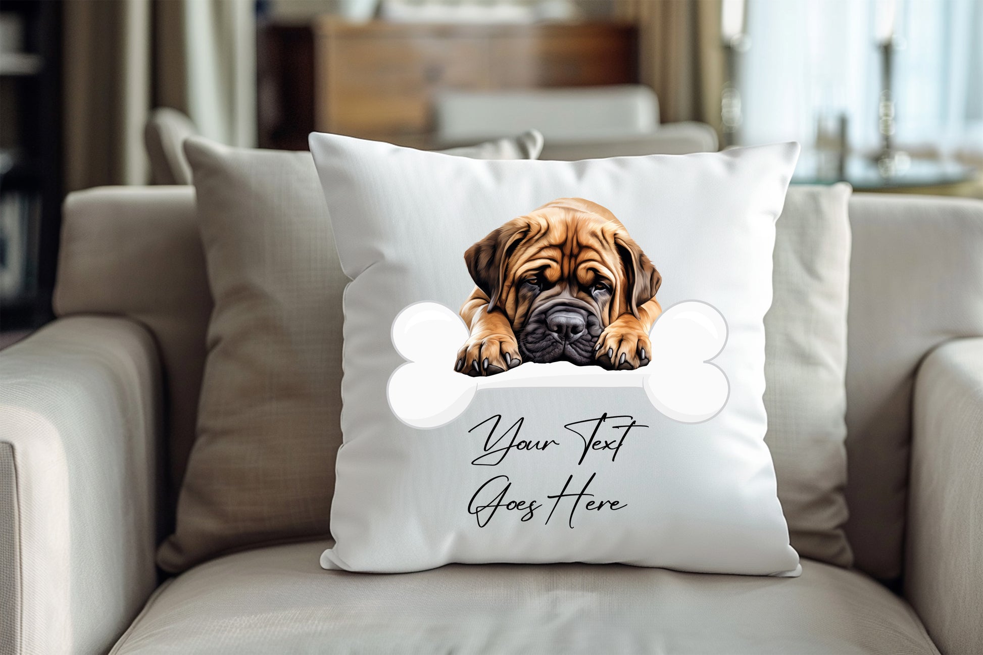 Personalised Mastiff sleeping on a bone Pet Dog Keepsake Gift Cushion, by Floppsie Moppsie – floppsiemoppsie at floppsiemoppsie.co.uk