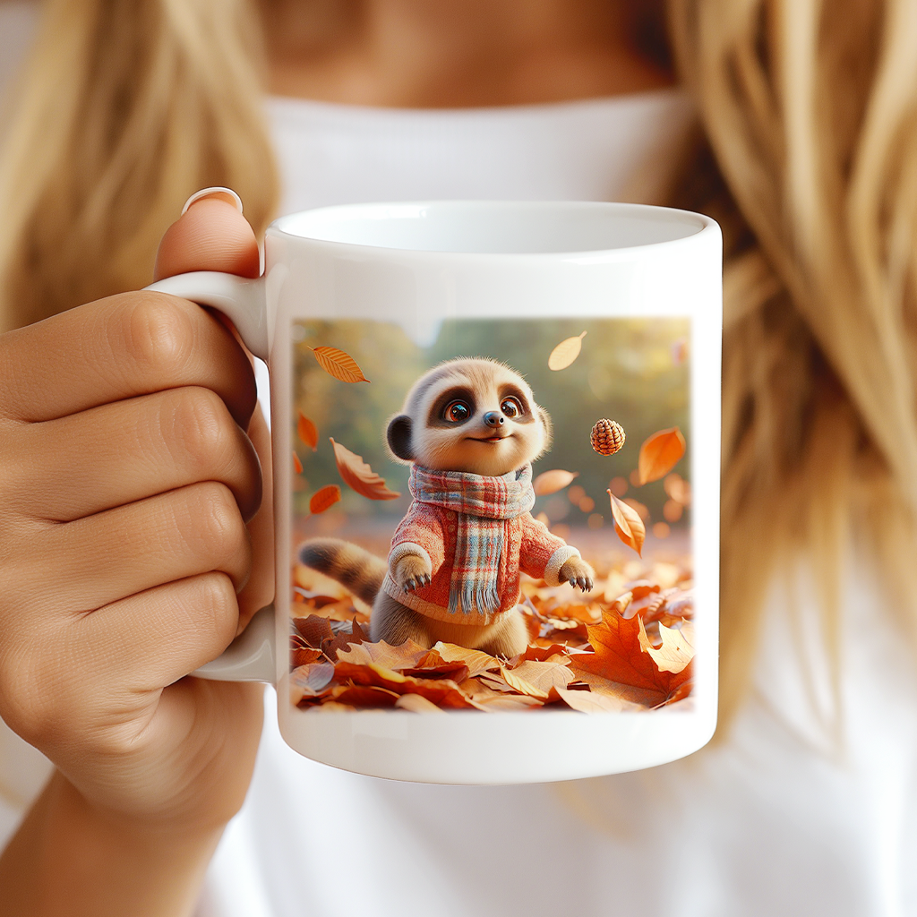 Personalised Cute Meerkat Playing in Autumn Leaves - Keepsake Gift Mug, by Floppsie Moppsie – floppsiemoppsie at floppsiemoppsie.co.uk