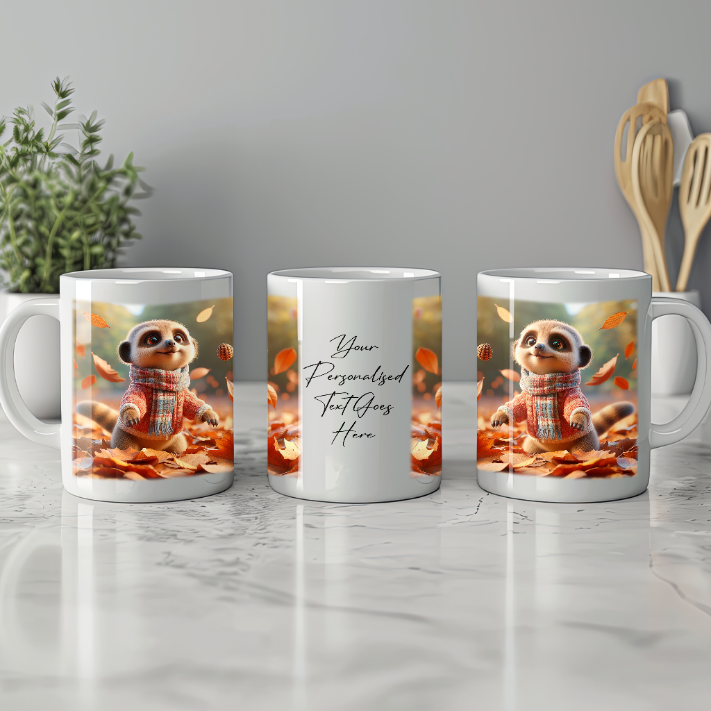 Personalised Cute Meerkat Playing in Autumn Leaves - Keepsake Gift Mug, by Floppsie Moppsie – floppsiemoppsie at floppsiemoppsie.co.uk