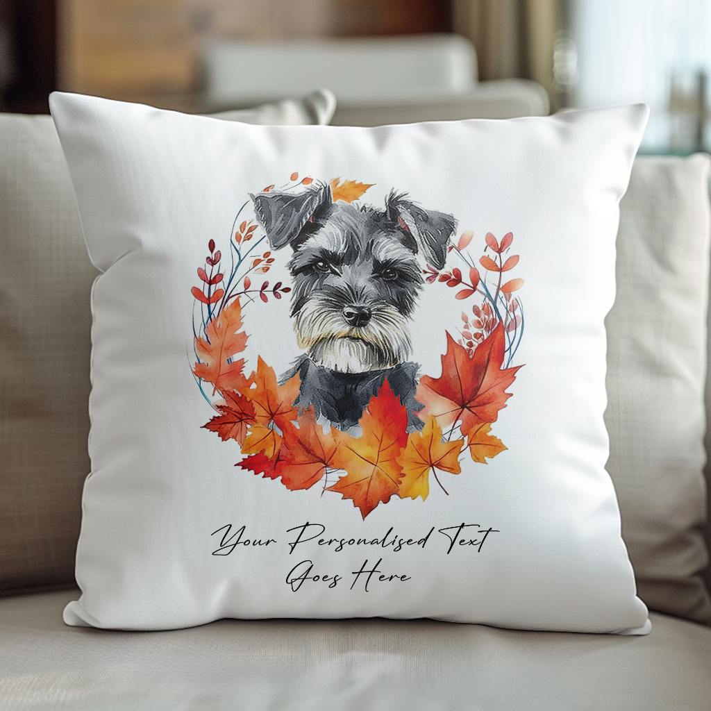 Personalised Miniature Schnauzer in an Autumn wreath - Keepsake Gift cushion, by Floppsie Moppsie – floppsiemoppsie at floppsiemoppsie.co.uk