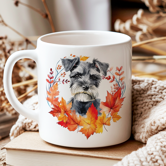 Personalised Miniature Schnauzer in an Autumn wreath - Keepsake Mug, ideal gift for Birthday and Christmas Gift, by Floppsie Moppsie – floppsiemoppsie at floppsiemoppsie.co.uk