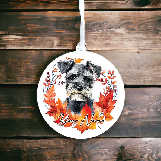 Personalised Dog Miniature Schnauzer in an autumn wreath - Keepsake Gift Hanging Decoration, by Floppsie Moppsie – floppsiemoppsie at floppsiemoppsie.co.uk