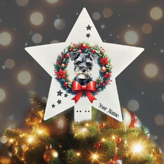 Personalised Pet Dog Miniature Schnauzer wreath Christmas Tree Topper - Keepsake Gift, by Floppsie Moppsie – floppsiemoppsie at floppsiemoppsie.co.uk