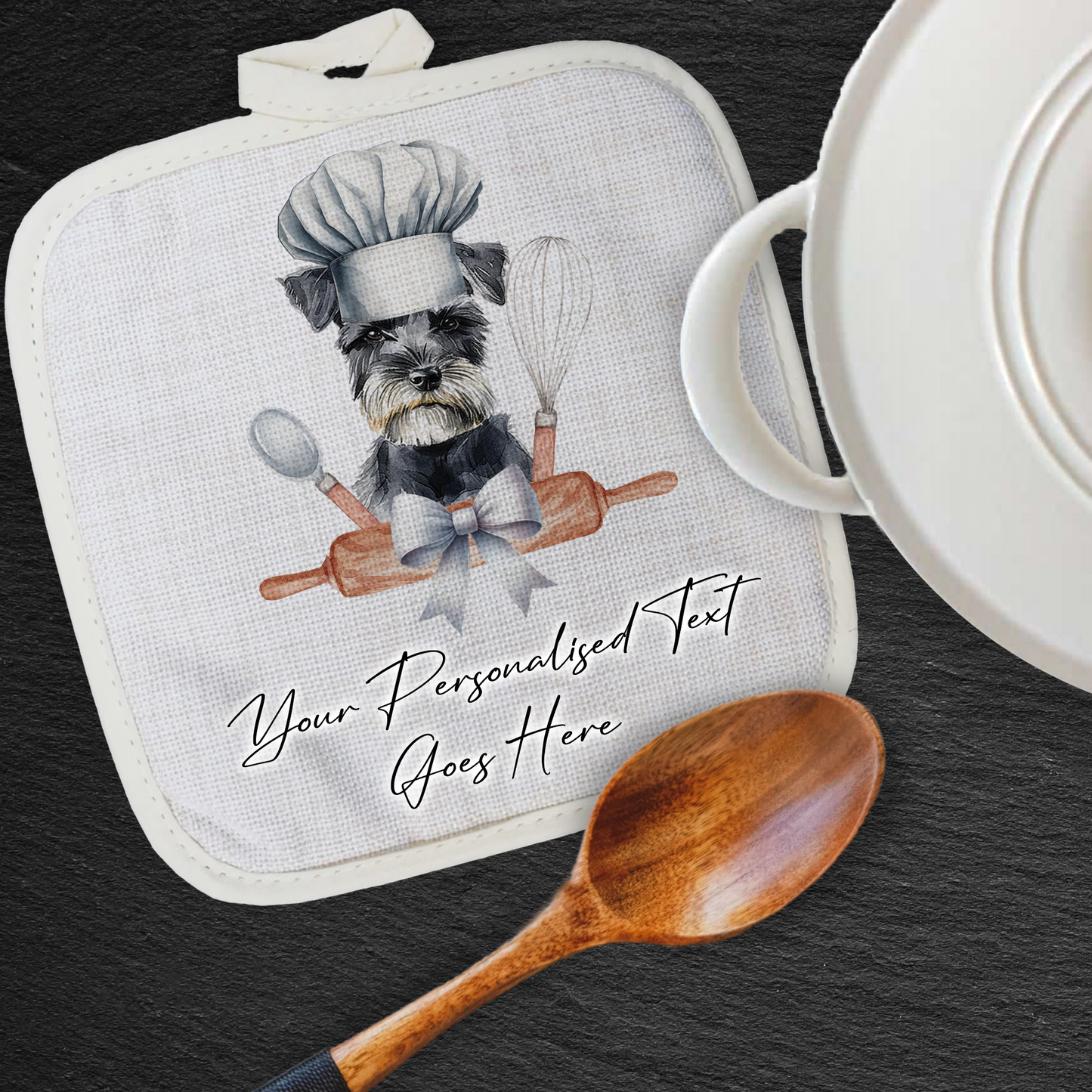 Personalised Dog In Chef Hat Gift Pot Holder / Grab - Miniature Schnauzer