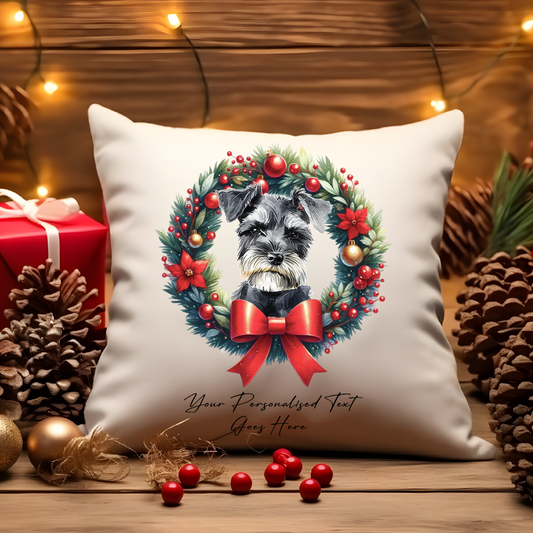 Personalised Miniature Schnauzer in a Christmas wreath - Keepsake Gift cushion, by Floppsie Moppsie – floppsiemoppsie at floppsiemoppsie.co.uk