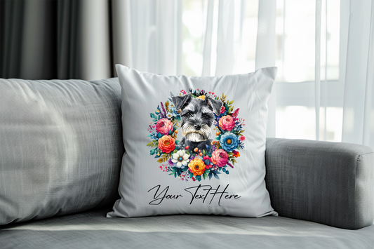 Personalised Floral Summer Pet Dog Wreath with Miniature Schnauzer - Keepsake Gift Cushion, by Floppsie Moppsie – floppsiemoppsie at floppsiemoppsie.co.uk