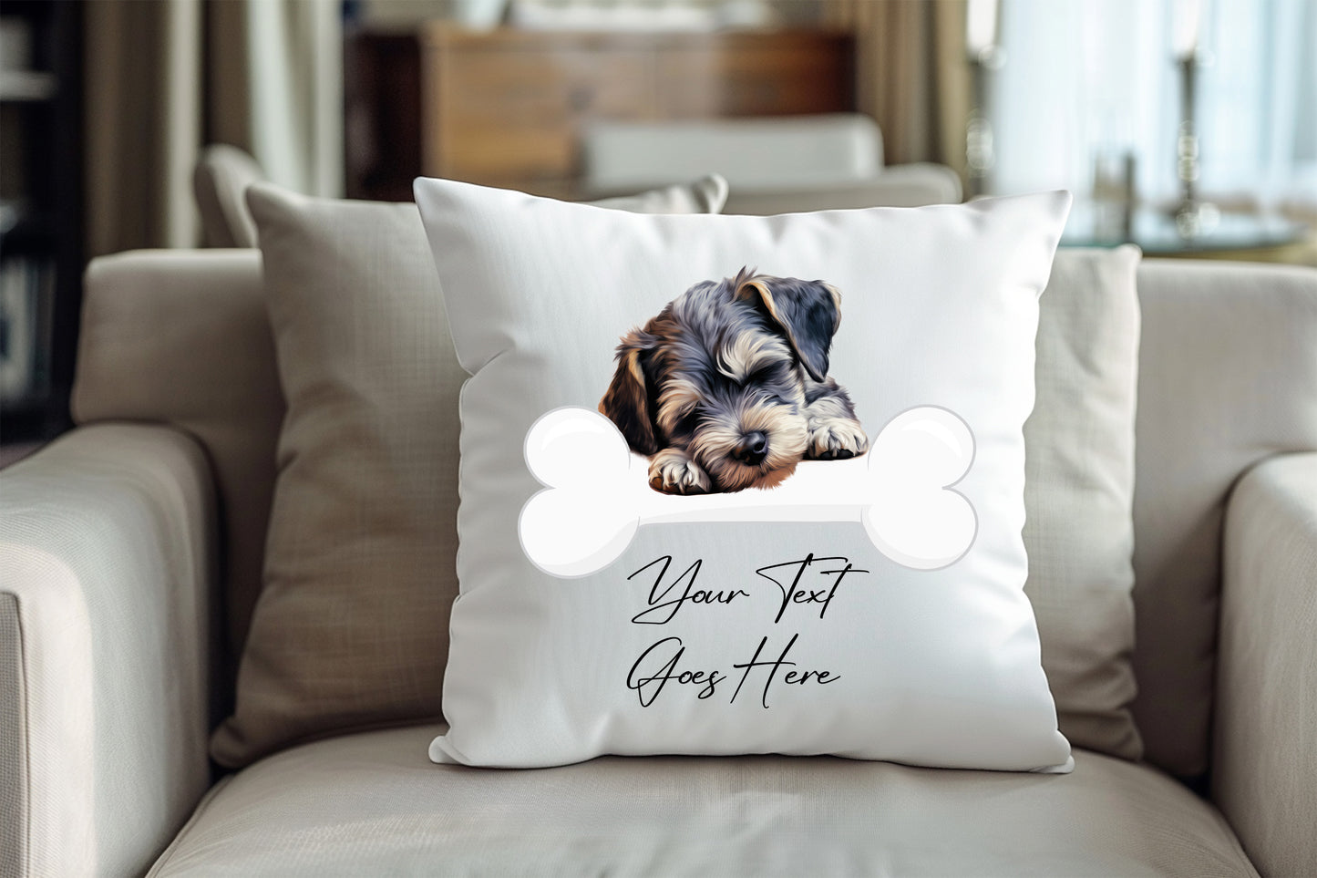 Personalised Miniature Schnuazer sleeping on a bone Pet Dog Keepsake Gift Cushion, by Floppsie Moppsie – floppsiemoppsie at floppsiemoppsie.co.uk