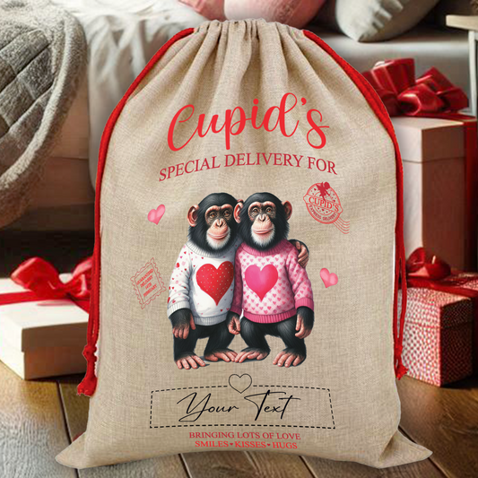 Personalised Animal Couple Love Heart Valentine Anniversary Gift Sack - Chimpanzee Monkey