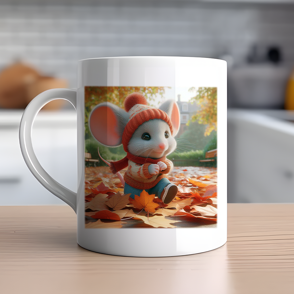 Personalised Cute Mouse Playing in Autumn Leaves - Keepsake Gift Mug, by Floppsie Moppsie – floppsiemoppsie at floppsiemoppsie.co.uk