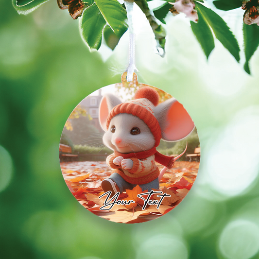 Cute Personalised Mouse playing in the autumn leaves - Keepsake Gift Hanging Decoration, by Floppsie Moppsie – floppsiemoppsie at floppsiemoppsie.co.uk