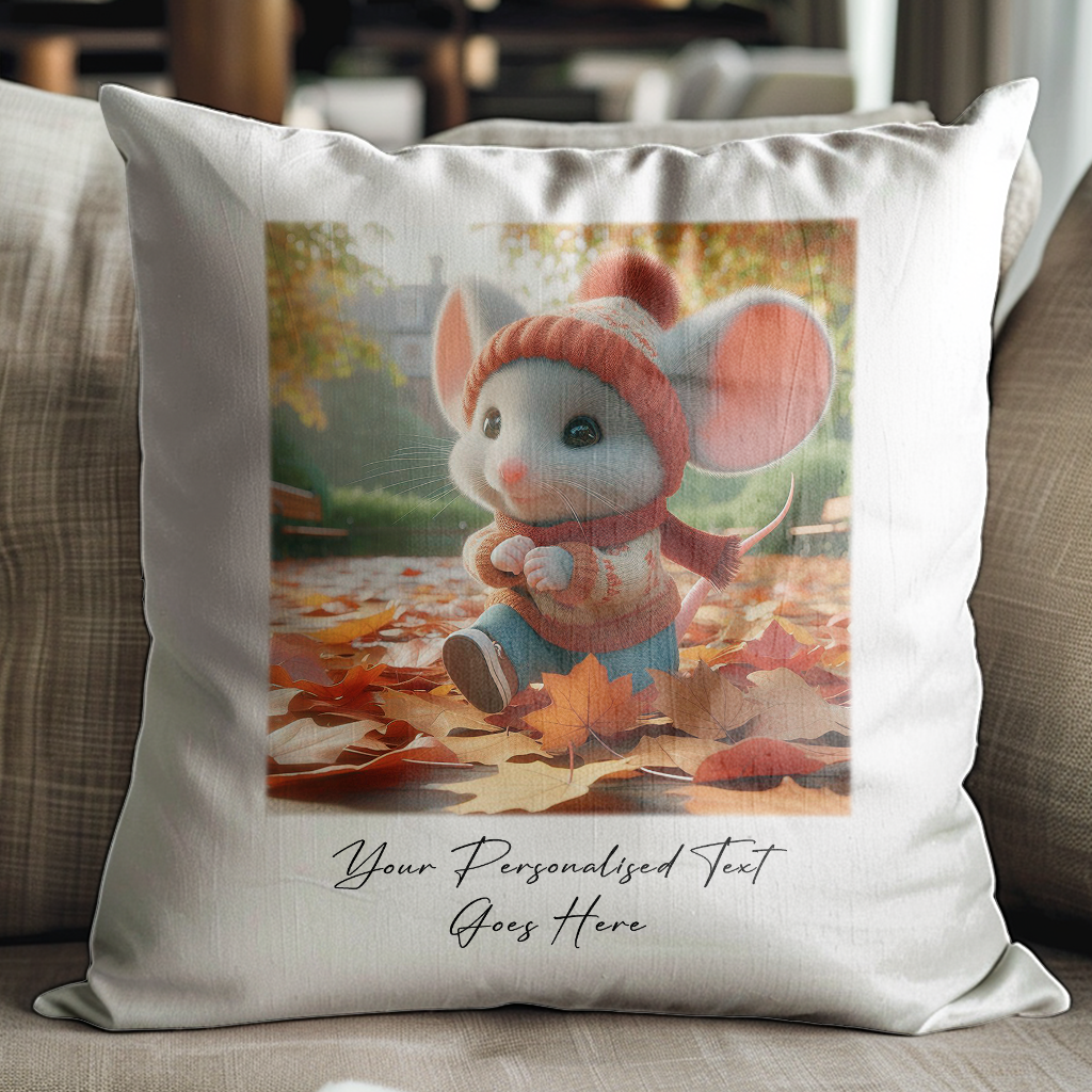 Personalised Cute Mouse Playing in Autumn Leaves - Keepsake Gift Cushion, by Floppsie Moppsie – floppsiemoppsie at floppsiemoppsie.co.uk