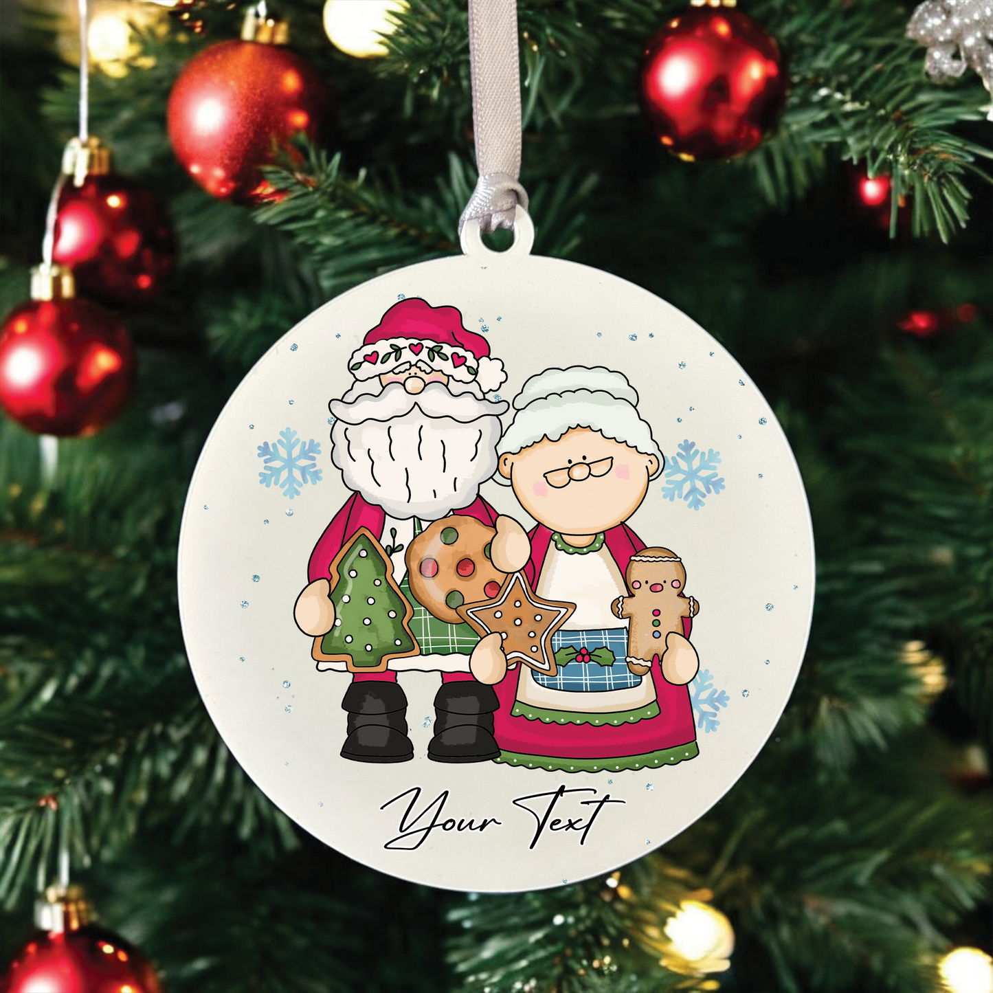 Personalised Whimsical Christmas Mr and Mrs Claus with Cookies - Hanging Bauble Decoration